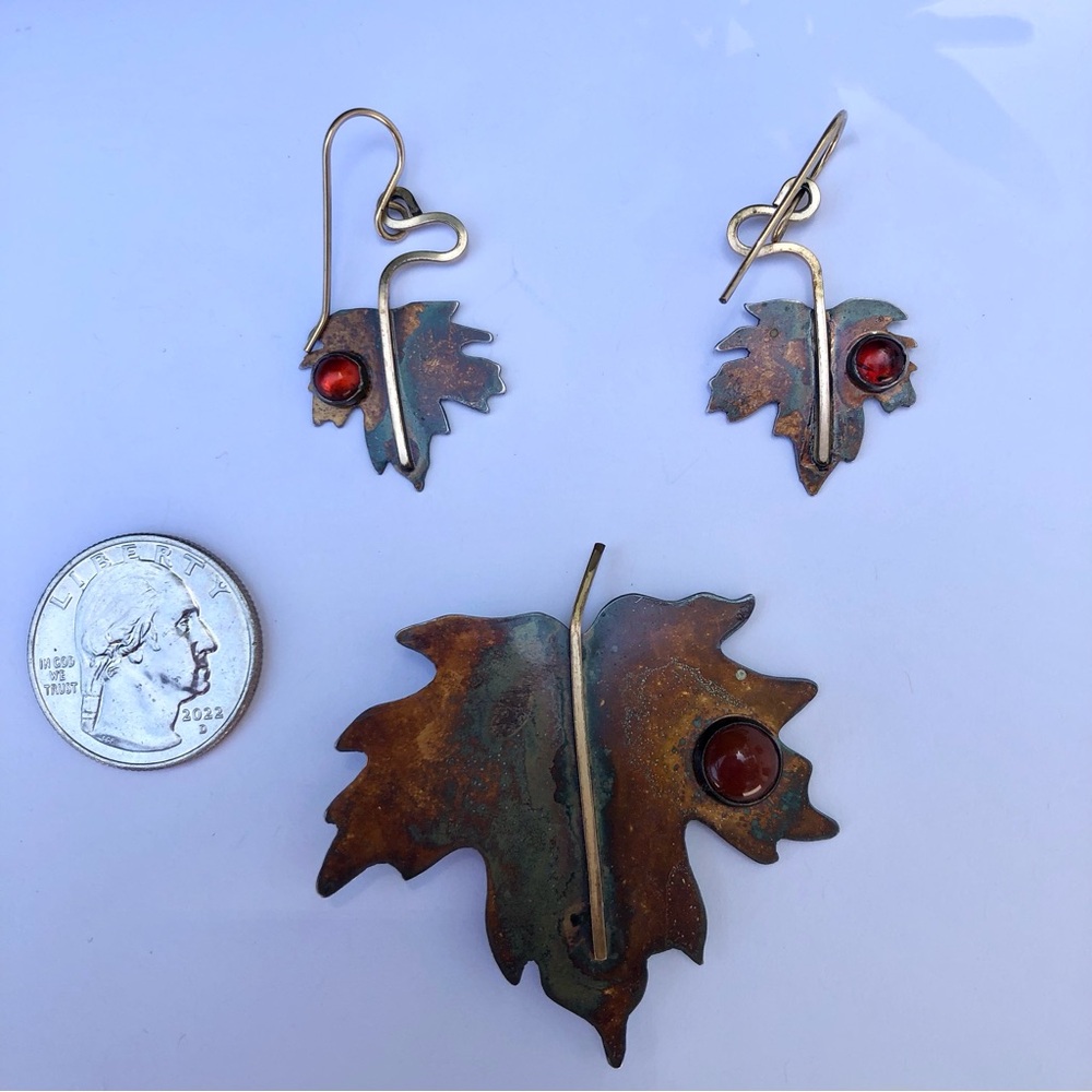 Sterling Maple Leaf brooch earring set with cabochons rustic patina holiday